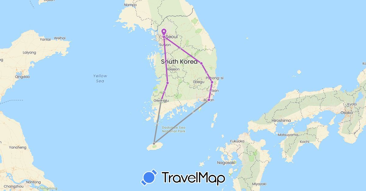 TravelMap itinerary: driving, plane, train in South Korea (Asia)
